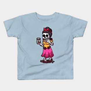 Skeleton Woman Trying To Drink Coffee Kids T-Shirt